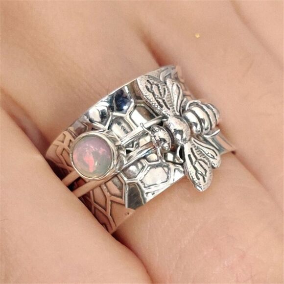 Bee Ring, Silver Bee Ring, Silver Band Ring, Opal Bee Ring, Bumble Bee Ring, Bee - Picture 2 of 2